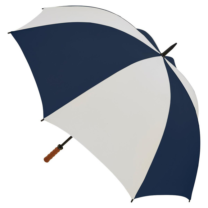A navy and white striped umbrella with a wooden handle and a metal frame, featuring a logo.