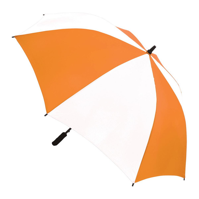 A leisure umbrella featuring a distinct orange and white striped design, with a handle and opening mechanism.