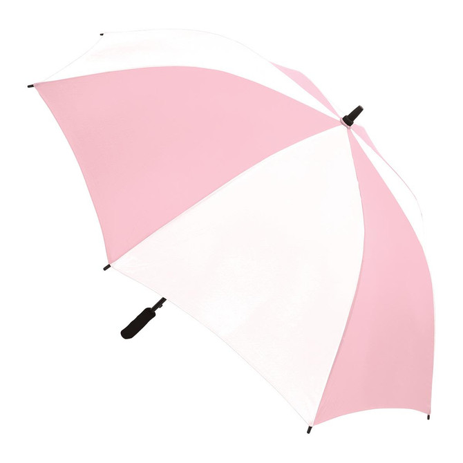 A pink and white umbrella with a black handle, featuring a logo on the canopy.
