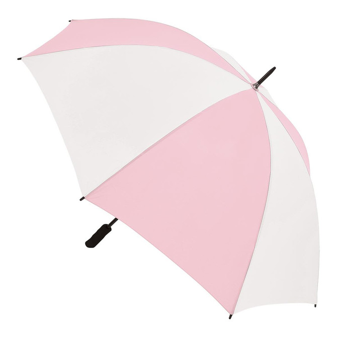 A pink and white umbrella with a black handle, featuring a logo on the canopy.