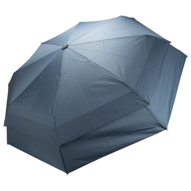 A compact blue umbrella with a multi-panel design and a central button mechanism. It features a logo on the handle.