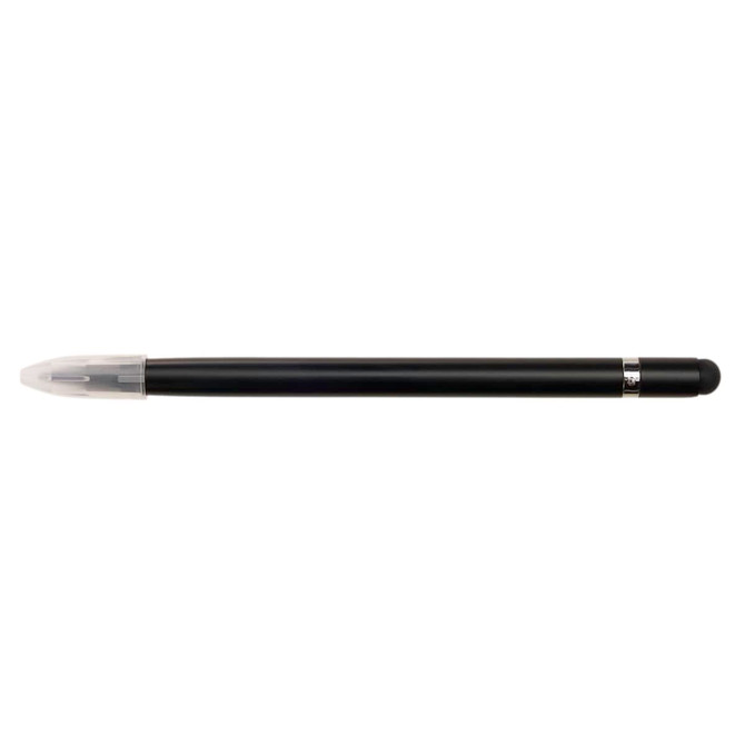 A black aluminum inkless pen with a transparent cap and a sleek, minimalist design. It features a logo.