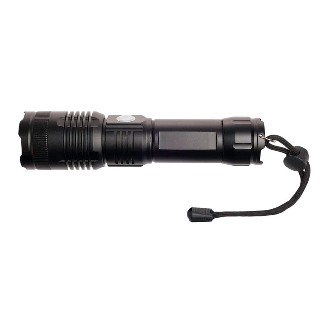A rechargeable torch featuring a sleek black design, a textured grip, and a convenient lanyard.