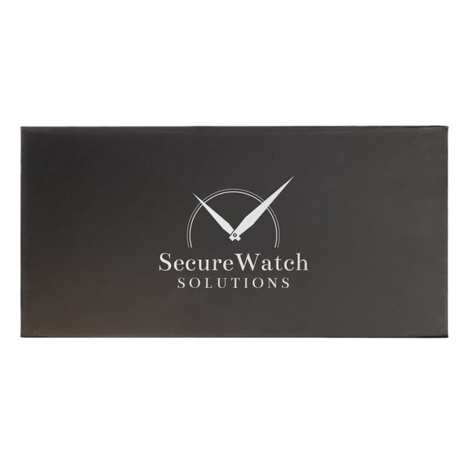 A rectangular black box featuring a clock graphic and a logo with the text "SecureWatch Solutions."