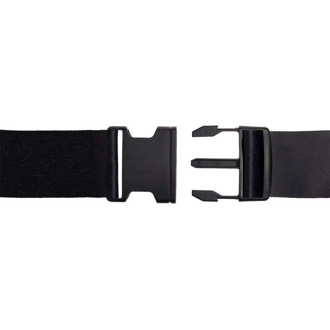 A luggage strap featuring a durable black fabric and a sturdy plastic buckle for secure fastening.