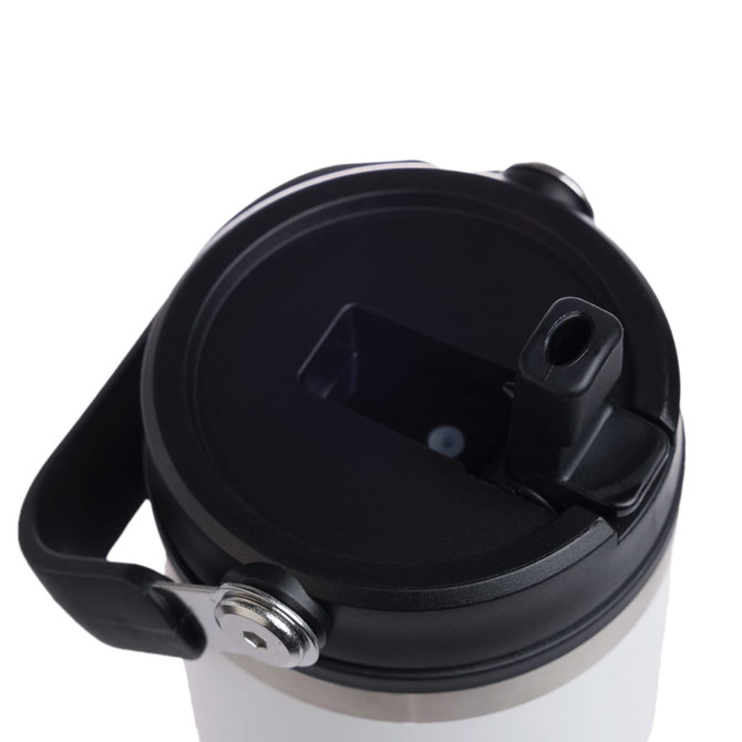 A drink bottle in white and black with a lid featuring a drinking spout and handle. It has a logo on the side.