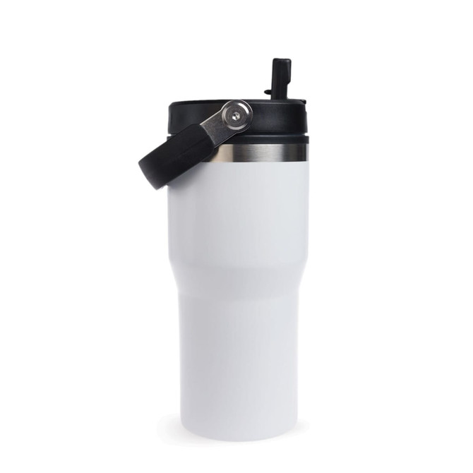 A drink bottle in white with a black lid and handle, featuring a stainless steel accent.