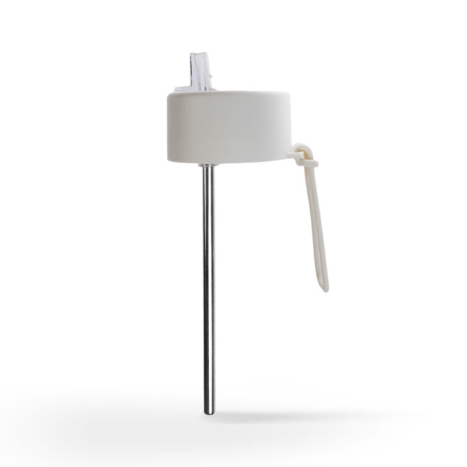 A drink bottle in white with a metal straw, featuring a cap and a loop for attachment.