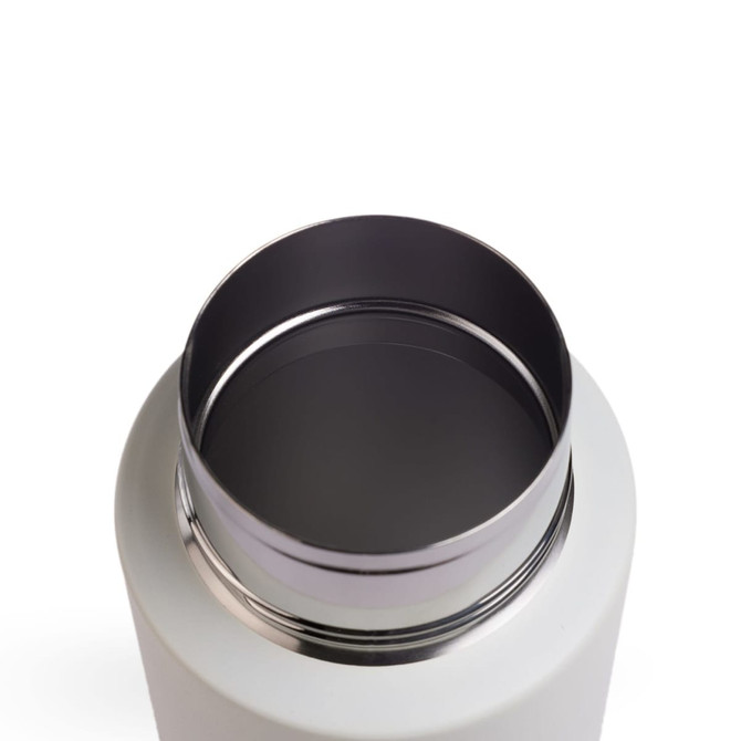 A drink bottle with a sleek design and stainless steel opening. The interior features a smooth, polished finish.