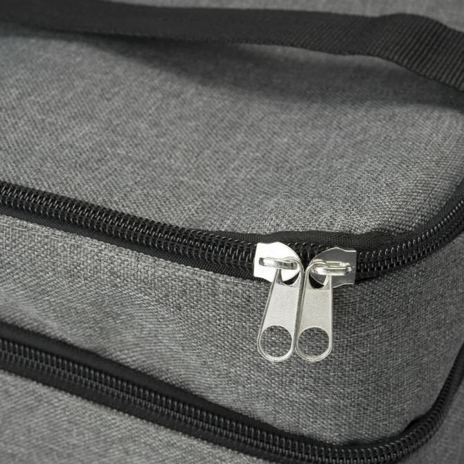 A grey cooler bag with a double zipper and black accents, featuring a sturdy handle.
