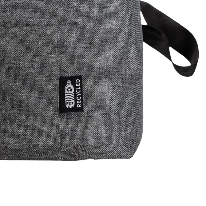A gray cooler bag with a textured surface and a small logo tag, featuring a black handle.