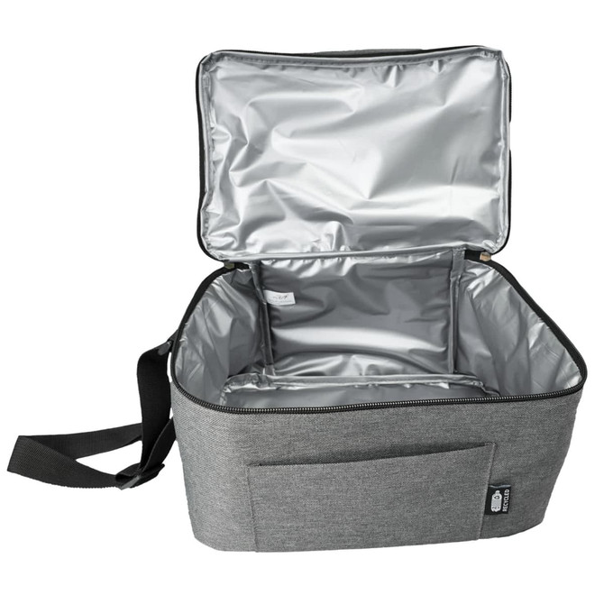 A gray cooler bag with a removable shoulder strap and an open top, featuring a sleek insulated interior.