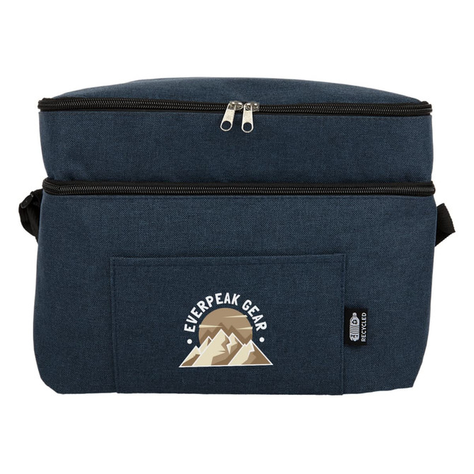 A navy cooler bag with a zippered top, front pocket, and a logo. It features a sturdy and insulated design.