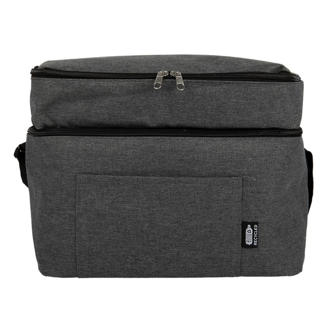 A grey cooler bag with a zippered top compartment and a front pocket, featuring a logo.