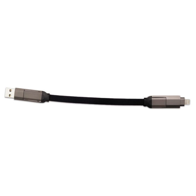 A black charging cable with USB and Lightning connectors, featuring a sleek design and a logo.