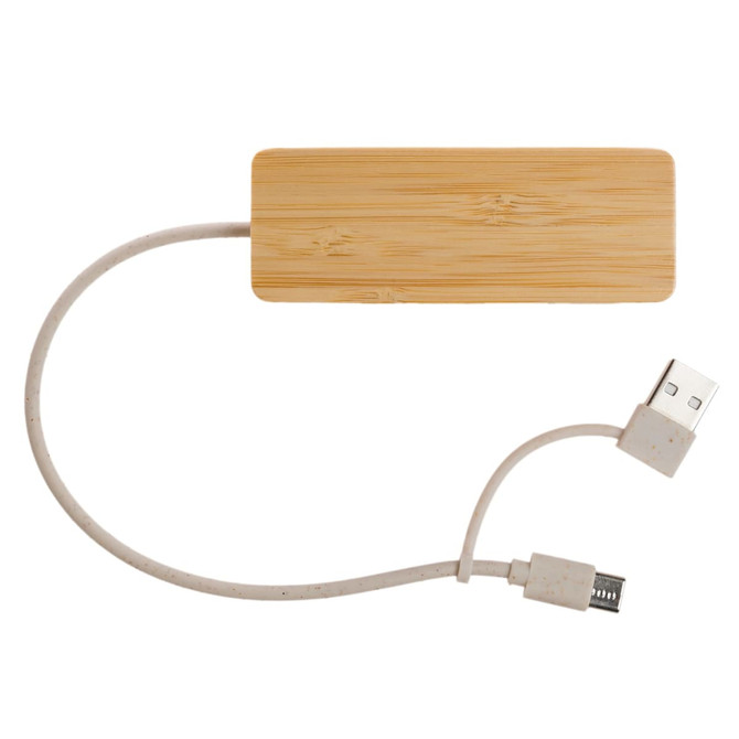 A bamboo USB hub with a white cable, featuring a built-in USB connector and a micro USB connector.