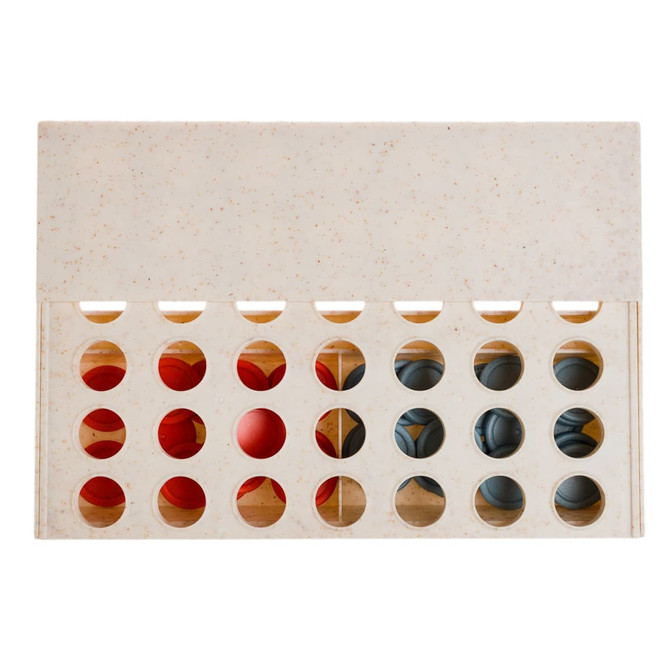 A rectangular game board in light beige with circular holes, featuring red and blue game pieces positioned inside.