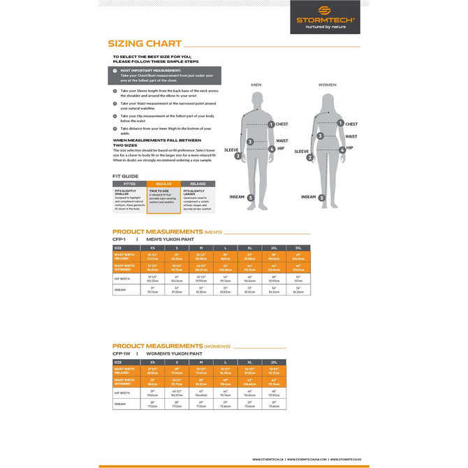 A sizing chart featuring measurements for men's and women's Yukon Pants, including various sizes and dimensions.