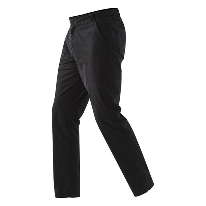 A pair of black performance track pants featuring pockets and an elastic waistband. Includes a logo.