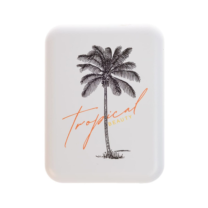 A LED compact mirror featuring a palm tree design and the text "Tropical Beauty."