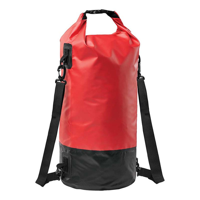 A red and black roll-top backpack with adjustable straps and a secure handle, featuring a logo.
