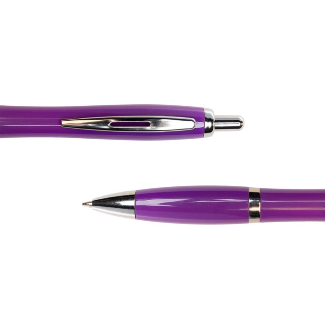 A purple metal pen featuring a sleek design with a shiny silver clip and tip.