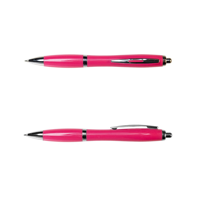 A pink metal pen with a sleek design and silver accents, featuring a clip and a retractable tip.