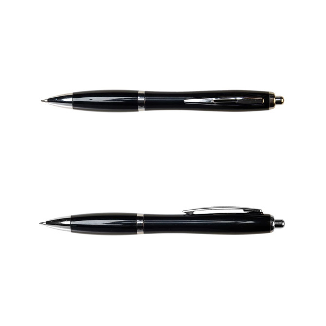 A black metal pen with silver accents and a clip, featuring a sleek design. The image displays two angles of the pen.