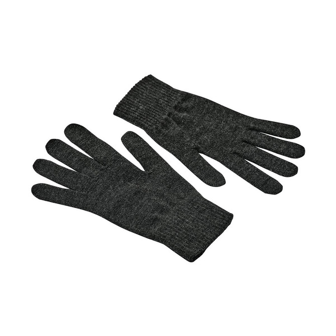 A pair of black and grey knit gloves displayed flat, featuring a ribbed cuff and a simple design.