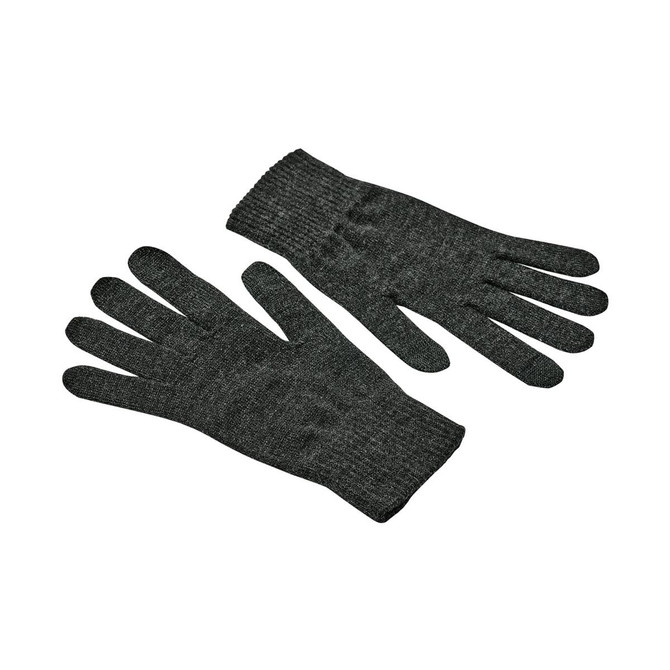 A pair of dark green knit gloves with ribbed cuffs, featuring a logo on one glove.