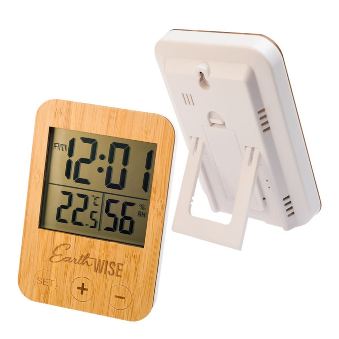 A weather station with a bamboo front, featuring a digital display for time, temperature, and humidity.