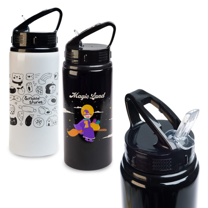 A drink bottle with a flip straw lid, available in black and white designs featuring various illustrations.
