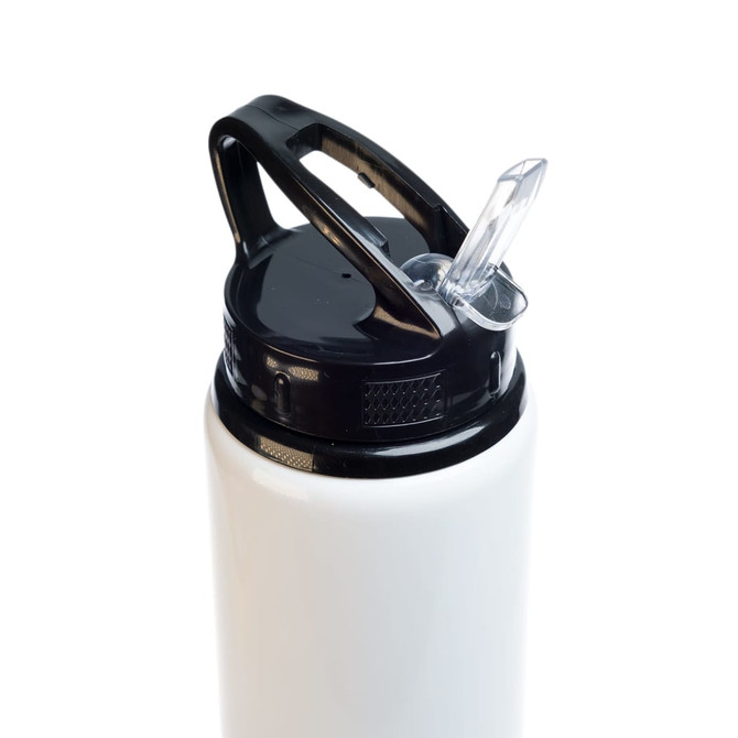 A drink bottle in white with a black flip straw lid and a handle. It features a logo on the body.