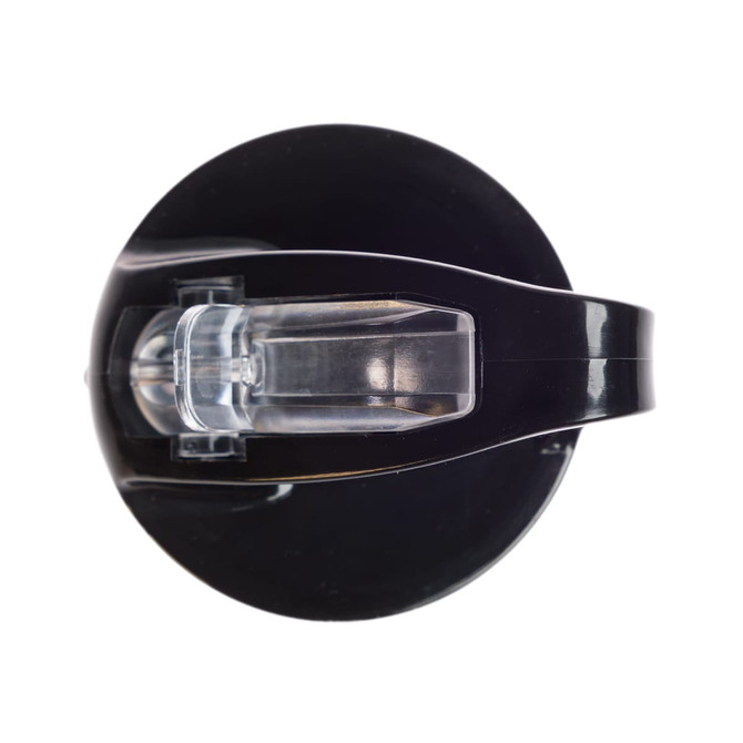 A drink bottle with a black flip straw lid, featuring a clear straw mechanism and a circular base.