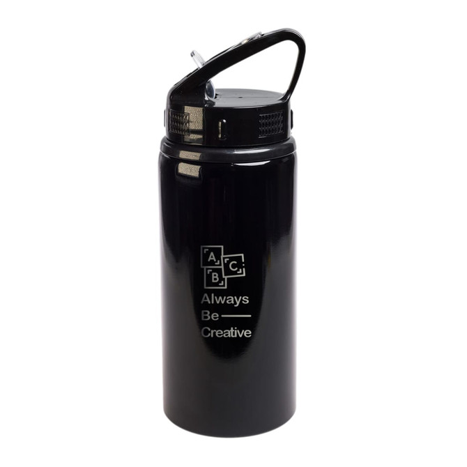 A drink bottle in black with a flip straw lid and a handle. Features a logo design.