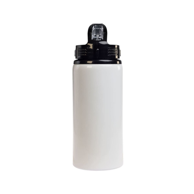 A drink bottle in white with a black flip straw lid and a logo on the side.