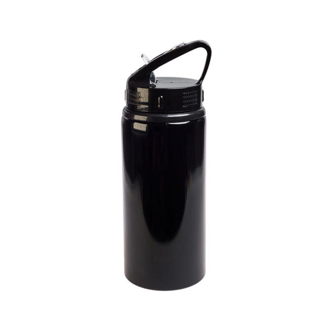 A drink bottle in black with a flip straw lid and a handle, featuring a logo or branding.