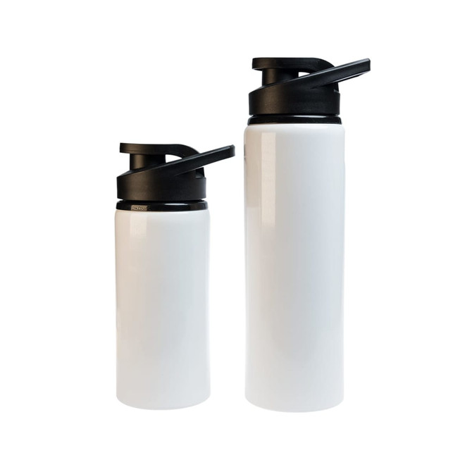 A drink bottle set featuring a white finish and a black free flow lid, includes two sizes. One bottle is larger than the other.