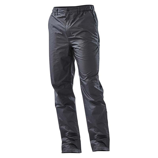 Men's Olympia Rain Pant in black, featuring a smooth texture and an elastic waist. Includes a logo on the design.