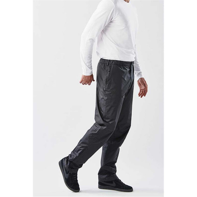 Men's Olympia Rain Pant in black, featuring an elastic waistband and a sleek design. Includes branding on the garment.