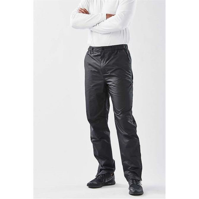 Men's Olympia Rain Pant in black, featuring a relaxed fit with an elastic waistband and pockets. Includes branding.