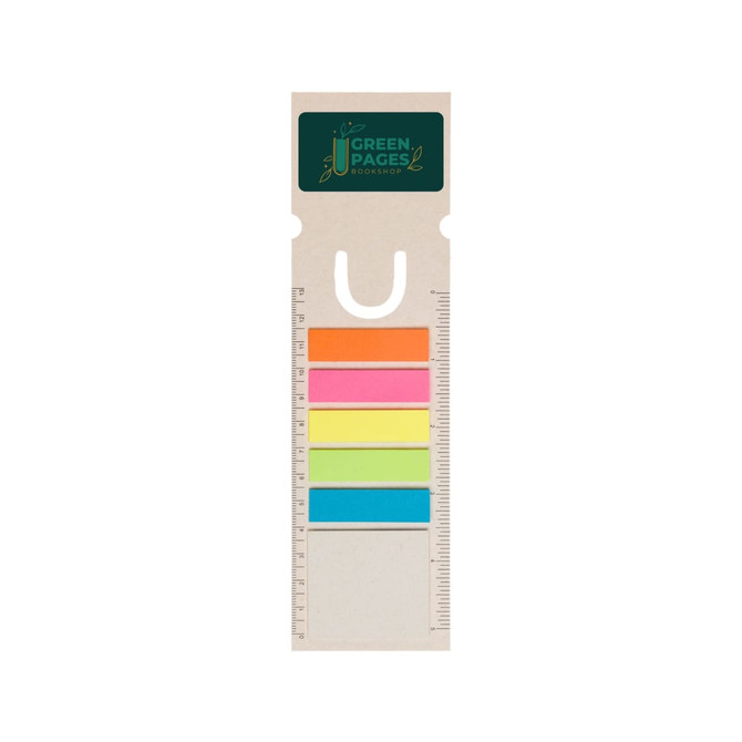 A bookmark shaped like a milk carton in pastel colours with a ruler and a logo at the top.