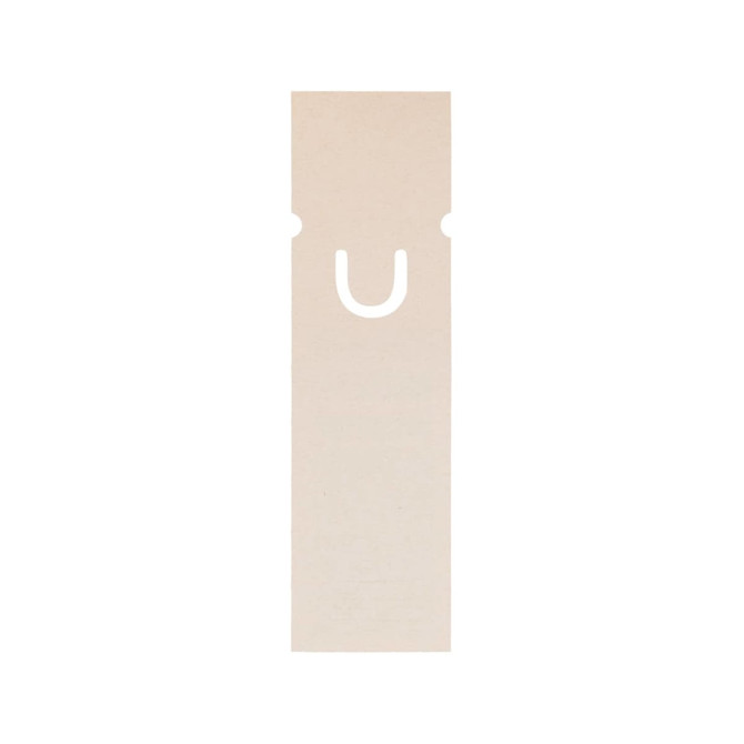 A rectangular bookmark in a light beige color with a cut-out design at the top. It features a logo.