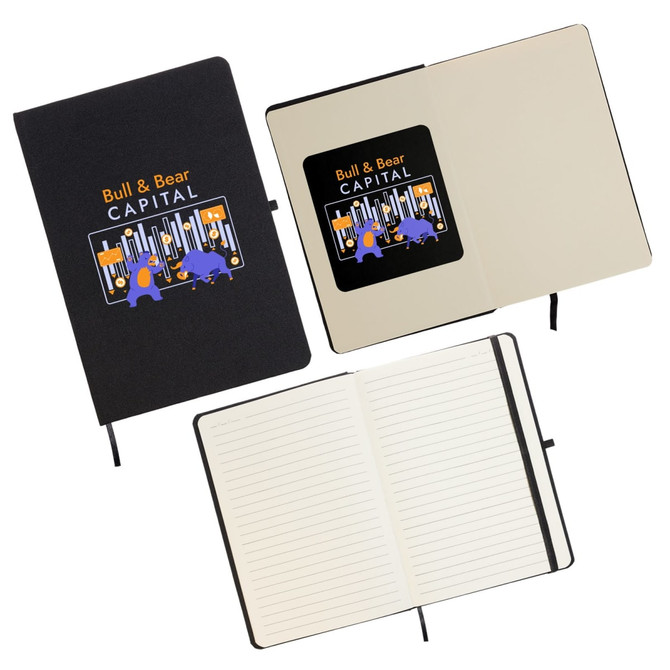 A black notebook featuring an illustration on the cover and lined pages inside. It has a logo on the front.