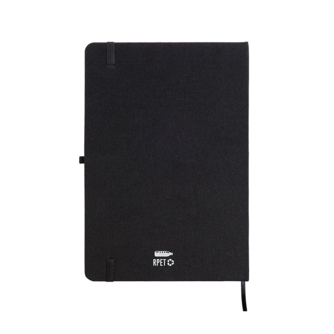 A black A5 notebook made from RPET material, featuring an elastic band closure and a ribbon bookmark.