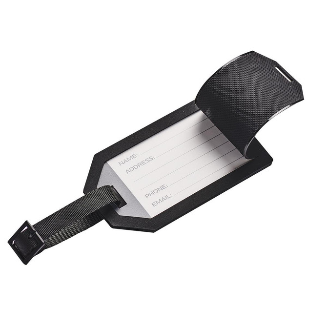 A black luggage tag with a textured finish, featuring a blank space for personal details. It includes a sturdy strap.