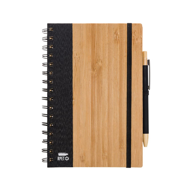 A bamboo and black spiral notebook with an elastic band and pen attached. It features a logo on the front cover.