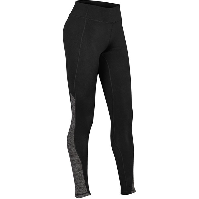 Black leggings with grey side panel details, featuring a high waist and a logo on the waistband.