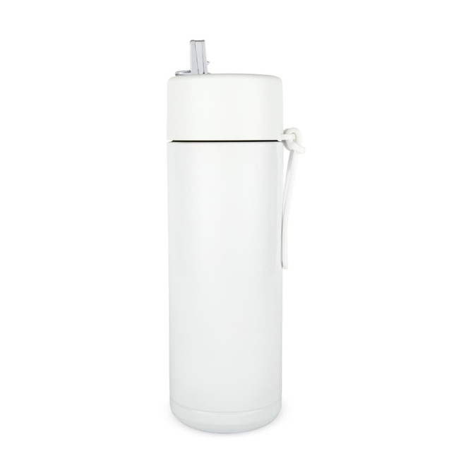 A white drink bottle with a flip-top lid and a carrying loop. It has a sleek, minimalist design.