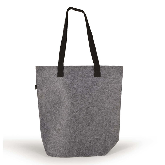 A gray felt tote bag featuring black handles and a structured design.